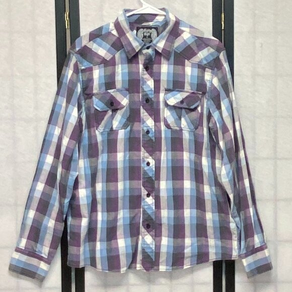 Eighty Eight Other - Eighty Eight Long Sleeve Collared Button Up Flap Pocket Plaid Shirt Purple Blue